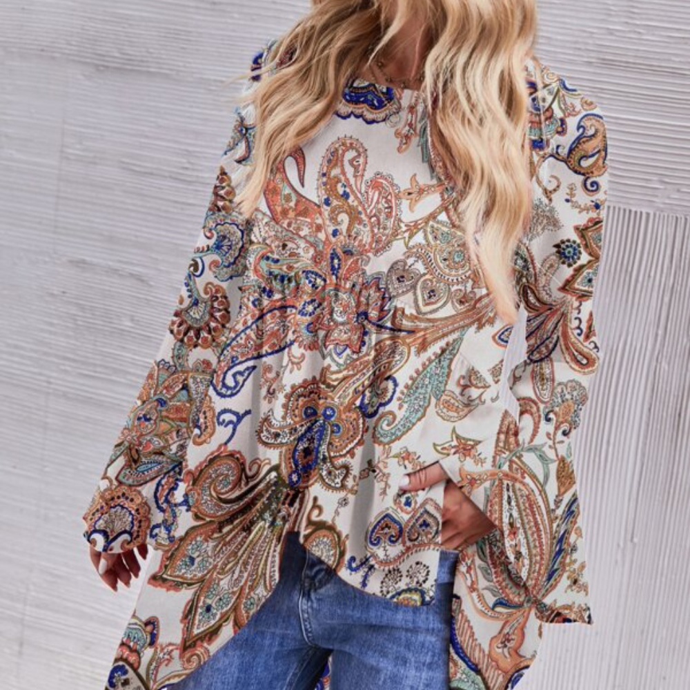 Bohemian Paisley Print Ruffle High Low Top Cottagecore - Picture 3 of 6